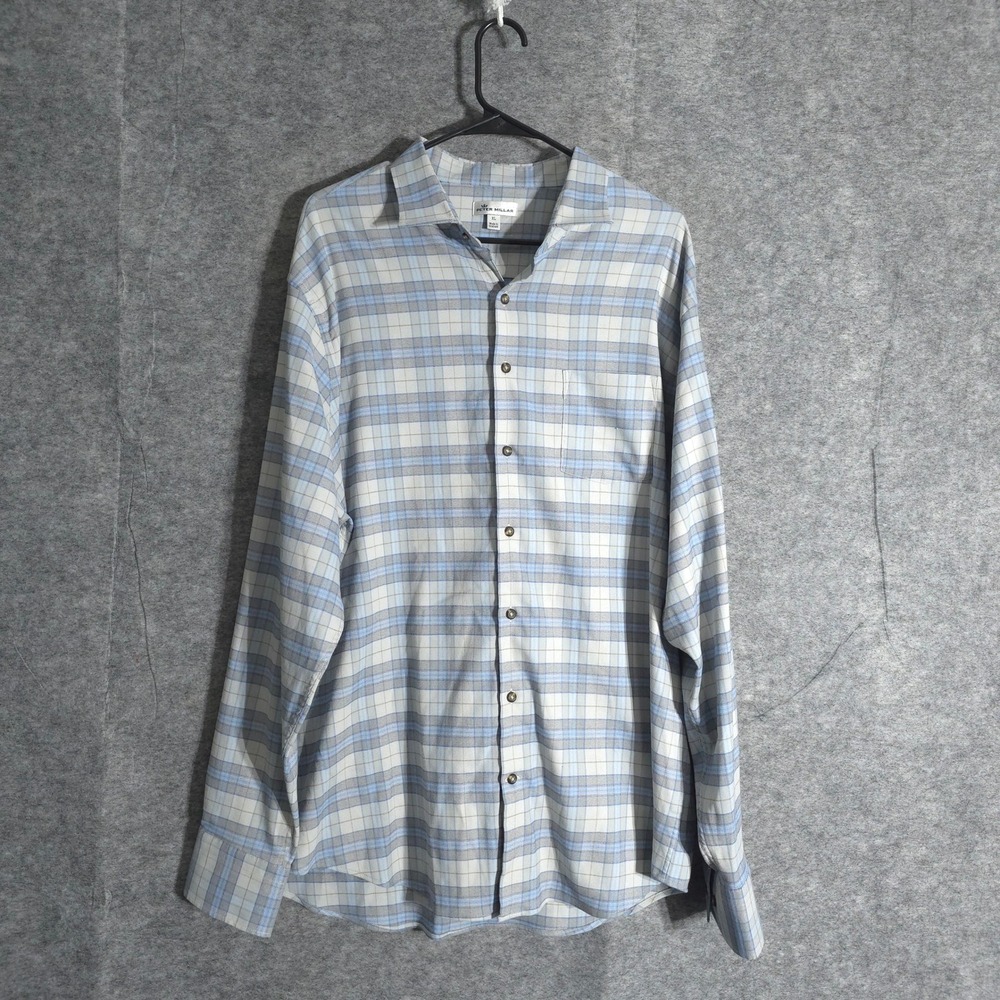 Peter Millar Button‎ Down Shirt Mens XL Blue White Gray Plaid Long Sleeve Nylon